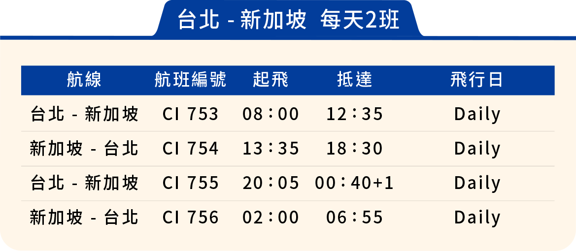 台北-新加坡 每天2班