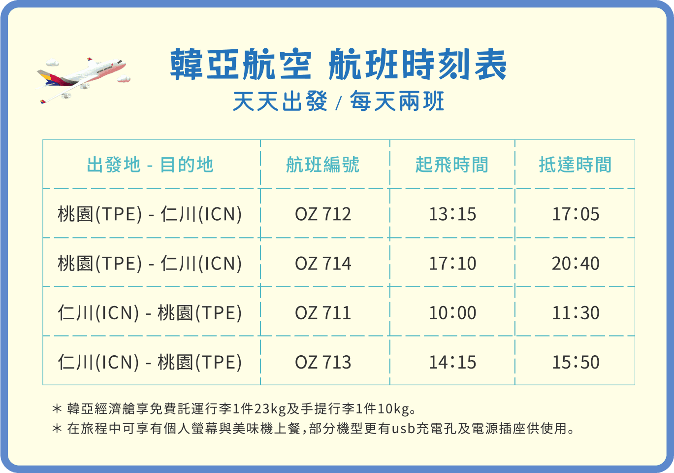 韓亞航空 航班時刻表