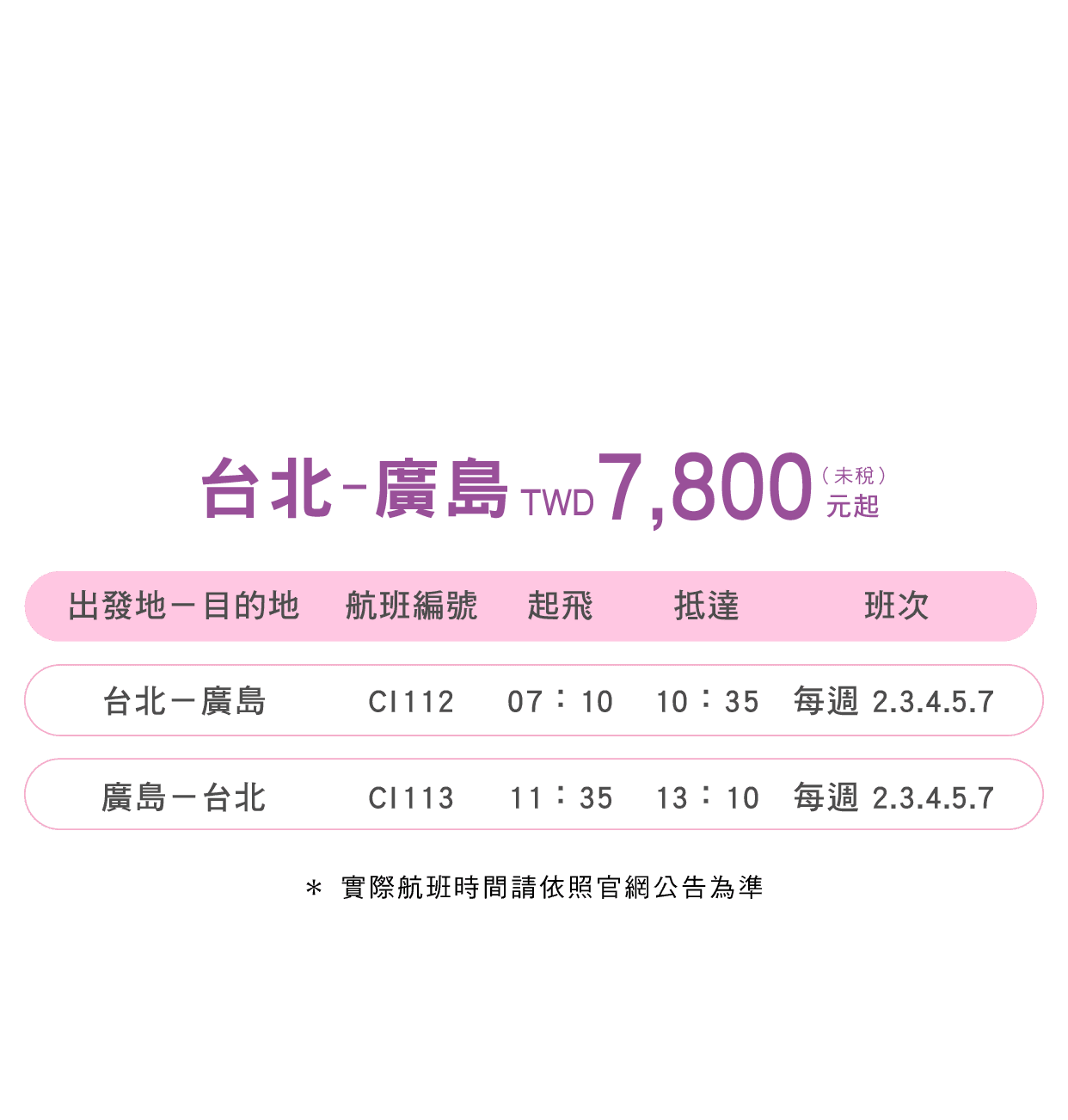 每週5班獨家開航20週年 台北-廣島520戀愛航線